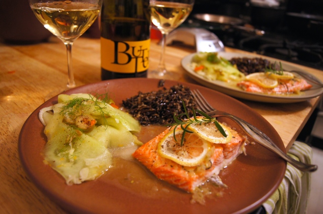 Wild salmon with rosemary citrus glaze, shaved honeydew, fennel and olive salad and wild rice with sage brown butter.